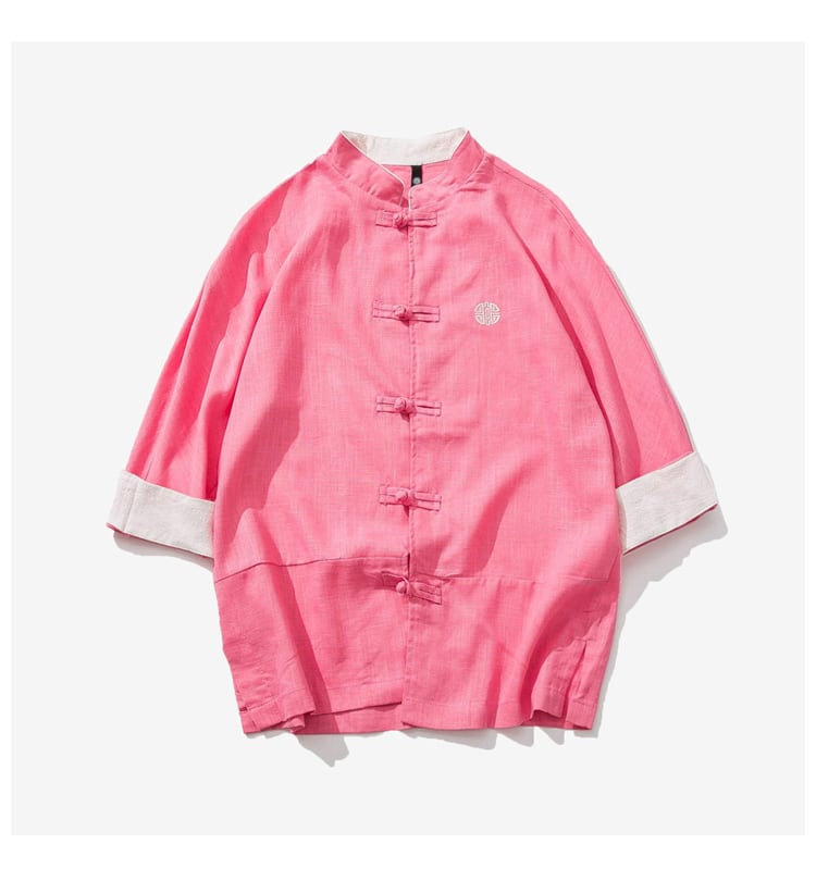 ピンク色の中国風7分袖カバーオール