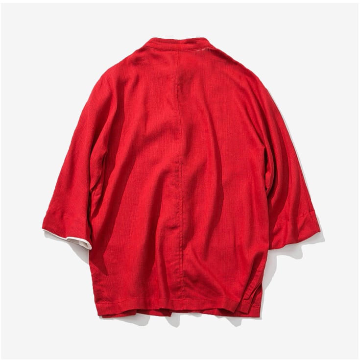 赤の中国風7分袖シャツジャケット