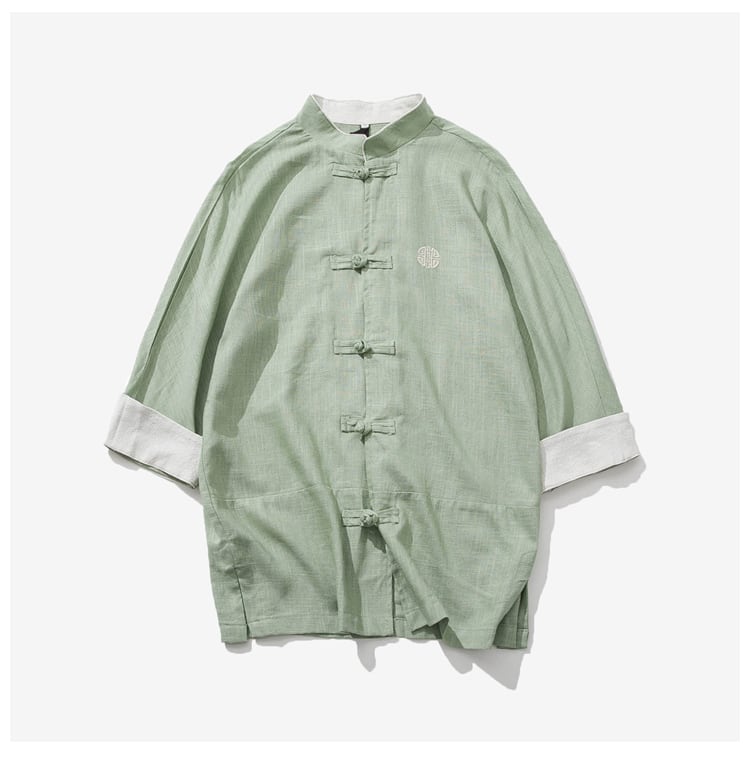 グリーン色の中国風7分袖カバーオール