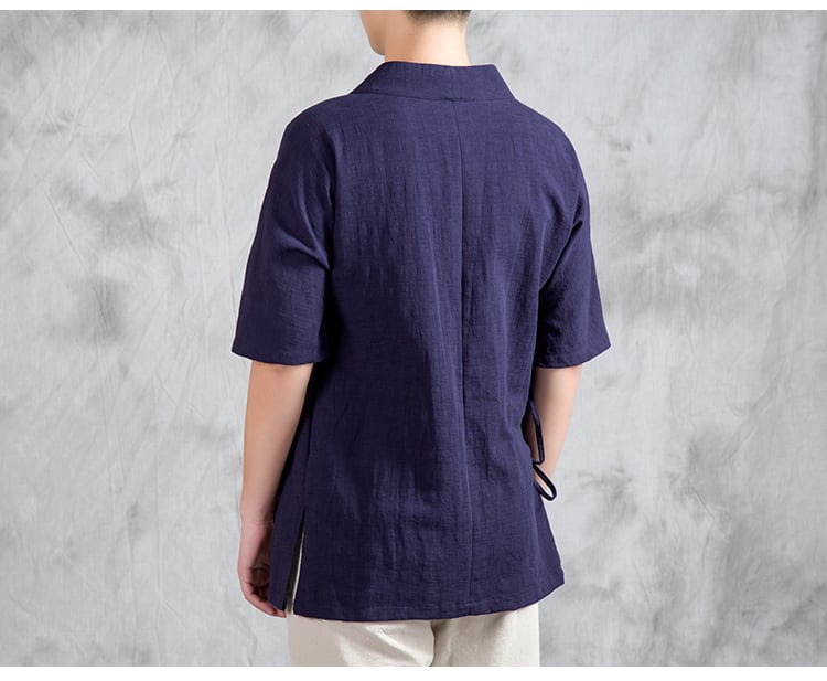 チャイナ風の綿麻半袖Tシャツ