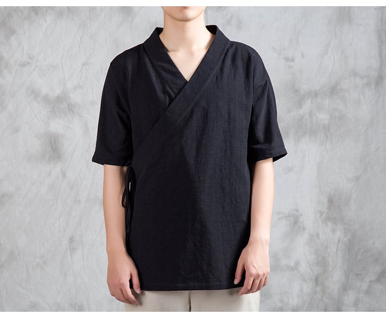 中華風の綿麻カンフーTシャツ