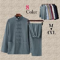 高級綿麻素材を使用したチャイナスーツ。綿の柔らかさと麻の清涼感をミックスさせた素材は、秋口のスーツに最適です。