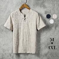 ジャガードの織り柄が特徴の半袖チャイナTシャツ。Vの切り込みが入ったフロントをチャイナボタンで留めるおしゃれなTシャツです。