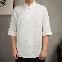 漢服のような斜め襟の七分袖Tシャツ。折り返し袖口をロールアップで留めるお洒落なデザインです。