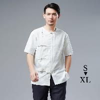 大きな比翼前立ての漢服風の半袖Tシャツ。前立てをチャイナボタンで囲むように留めるデザインがとてもユニーク。