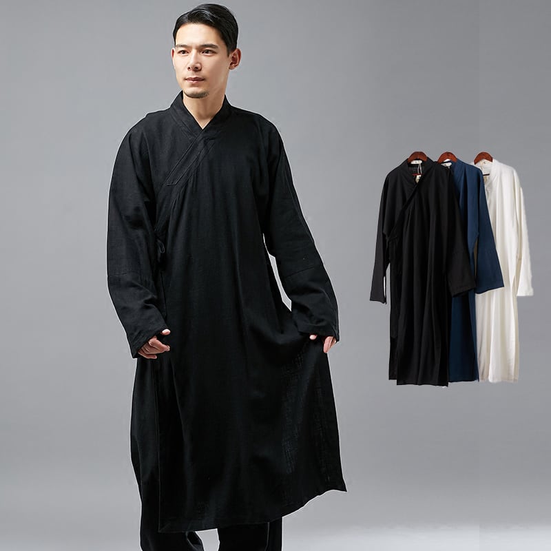 斜め開きの丈長ロングジャケット。僧道服と呼ばれる僧侶の服をカジュアルに表現したジャケットです。