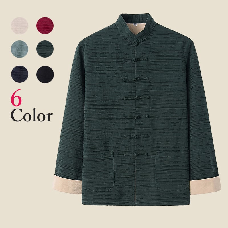上質な綿麻素材を使用したチャイナジャケットです。ジャガード織りの立体感のある素材が高級感をもたらします。