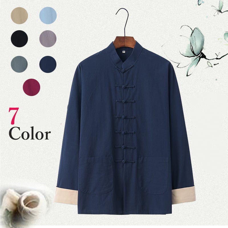 高級綿麻素材を使用したカフス袖のチャイナジャケット。綿の柔らかさと麻の清涼感をミックスさせた素材を使用。