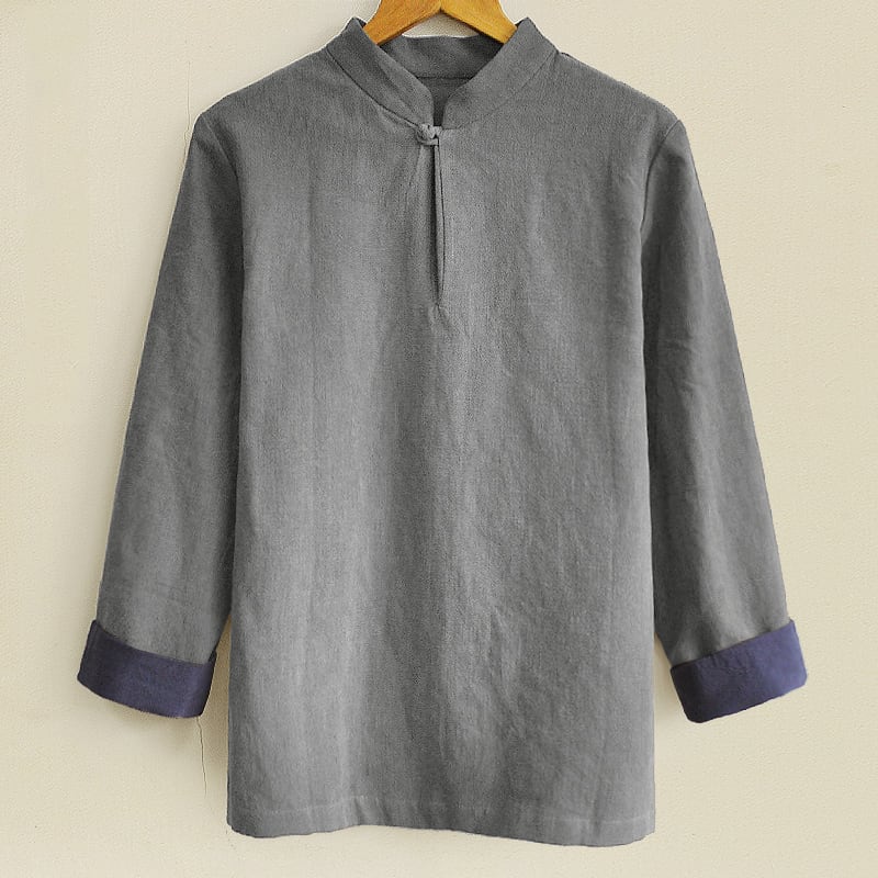 綿麻素材の漢服風プルオーバーシャツ。手作り風の年中着ていただけるアイテムです。
