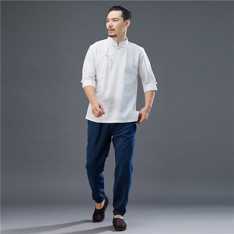 メンズの白袖チャイナTシャツ