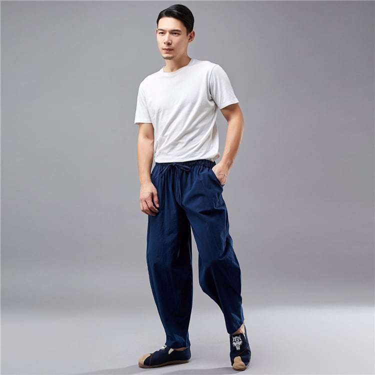 男性用の9分丈綿麻チャイナパンツ