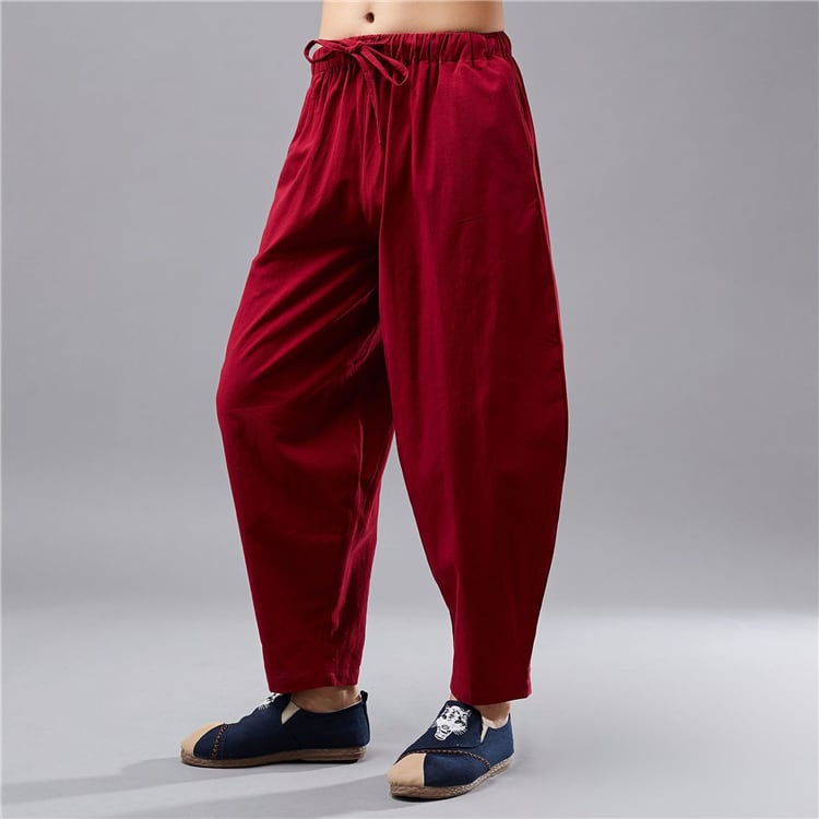 メンズの9分丈綿麻チャイナパンツ