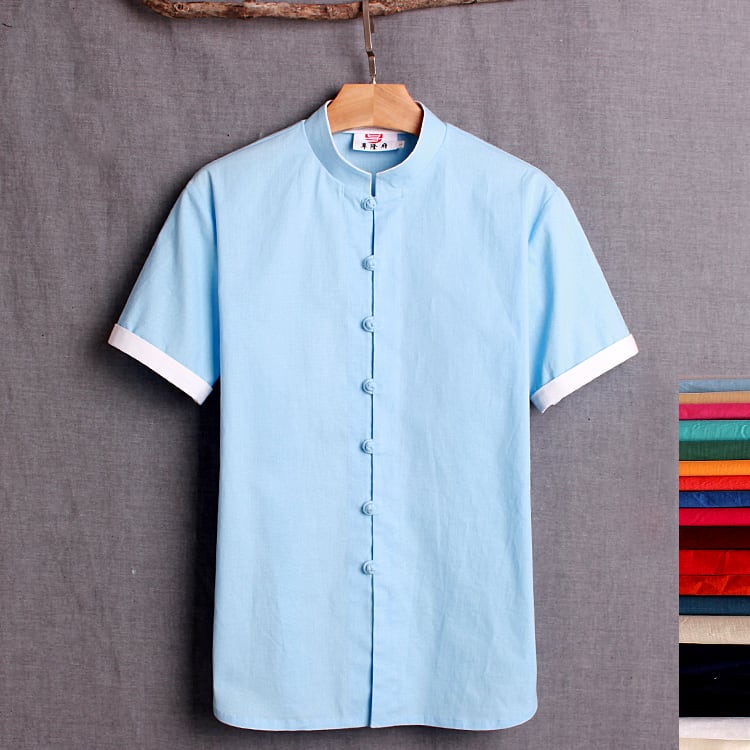 25色展開の半袖チャイナシャツ。夏に適した薄手の綿麻生地（ストレッチ）を使っています。