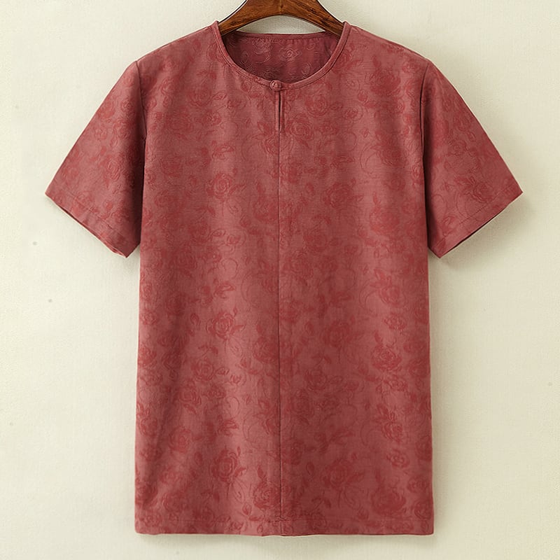 薄手純綿を使ったチャイナTシャツ ！レトロな花柄紋様のジャガード素材を使用。