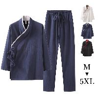 斜め襟にパイピングが施された漢服上下セット。純綿生地はとても肌触りがよく年間通じて着用できる厚さです。