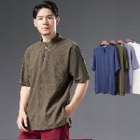 中国伝統のマオカラー仕様のTシャツ。通気性の高い綿麻素材なので真夏でも快適です。