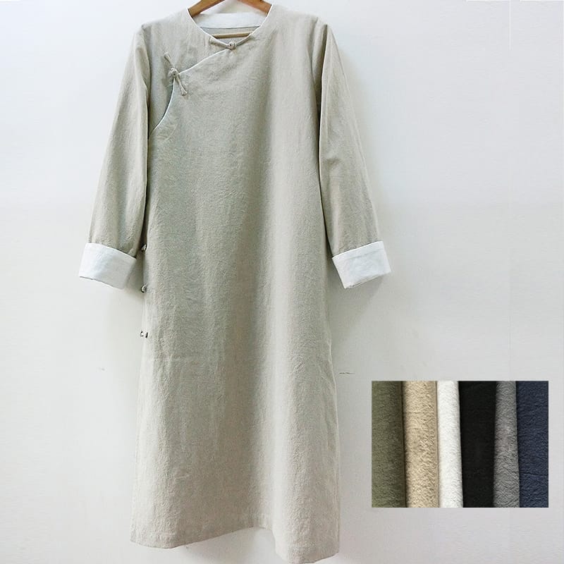 中国伝統の斜め襟長袍です。春や秋に適した肉感の綿麻素材を使用