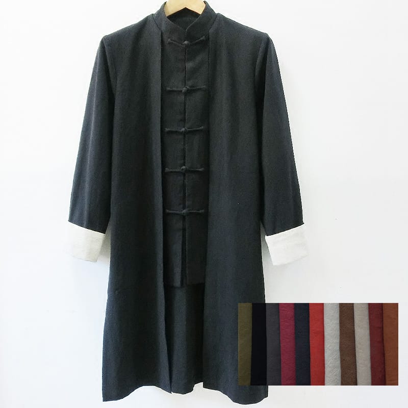ゆったり羽織れる綿麻ロングジャケット。春や秋の羽織アイテムとして最適です。