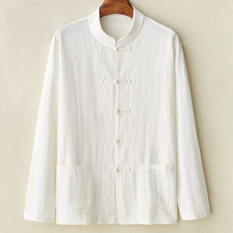 レトロでシンプルなデザインのチャイナシャツ。洗いこまれた綿麻生地を使用。四季を通じて着用できます。