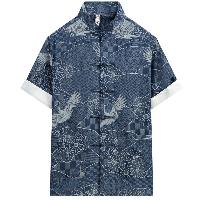 仙鶴とひまわりの柄がプリントされたチャイナシャツ。アロハシャツのような感じで着ていただけます。