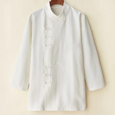 柔らかな綿麻のミドル丈シャツ。アシンメトリーな変則襟が特徴