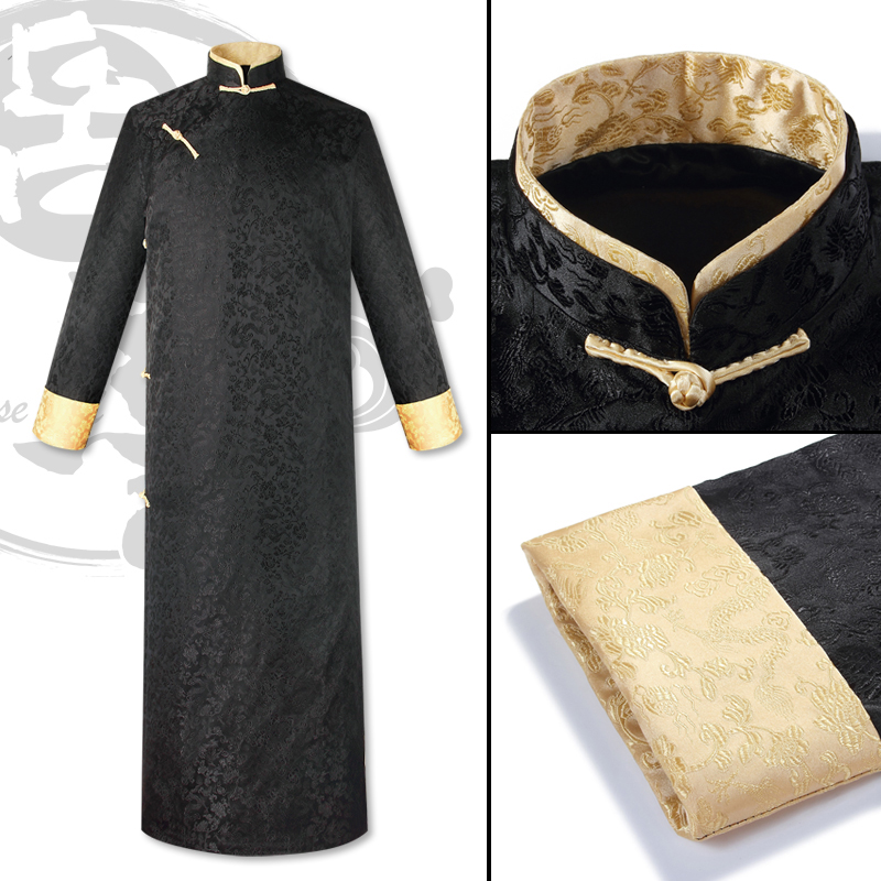 黒天龍のジャガード紋様がとても豪華な長袍。フォーマルな会席や演武の衣装として最適。