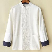 薄手綿麻を使用した春夏向きチャイナシャツ。襟裏と袖口に施された濃紺の配色が印象的です。