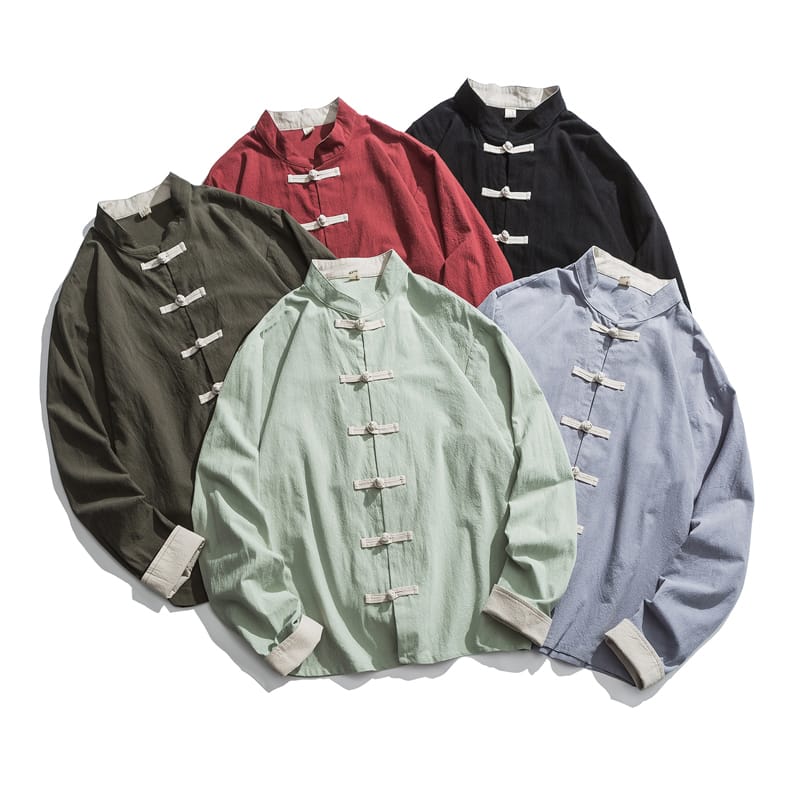 チャイナ服仕様のシャツジャケット。柔らかな綿麻素材を使用した春や秋に向いたアイテム。