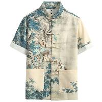 山水や九福神など中国絵をプリントした半袖シャツ。カジュアルに着ていただけるアイテム。