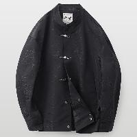 レトロなマオカラーのジャケット。クラック柄の生地と銀色のフロッグボタンが特徴です。