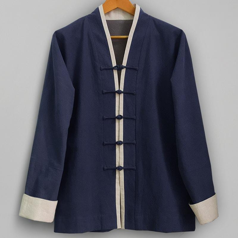 ゆったりとしたダブルフェイスの漢服ジャケット。中厚の綿麻素材を使用。