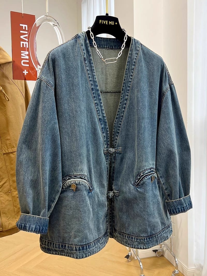 大きいサイズのチャイナボタンのデニムカーディガン