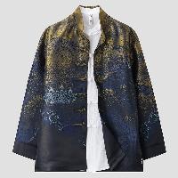 金と青のグラデーションとシルクロードをイメージした柄が美しいジャケットです。