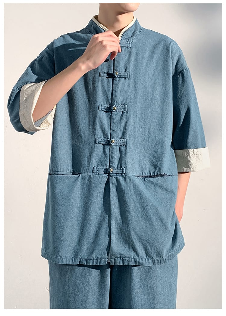 メンズの中華風デニムシャツ