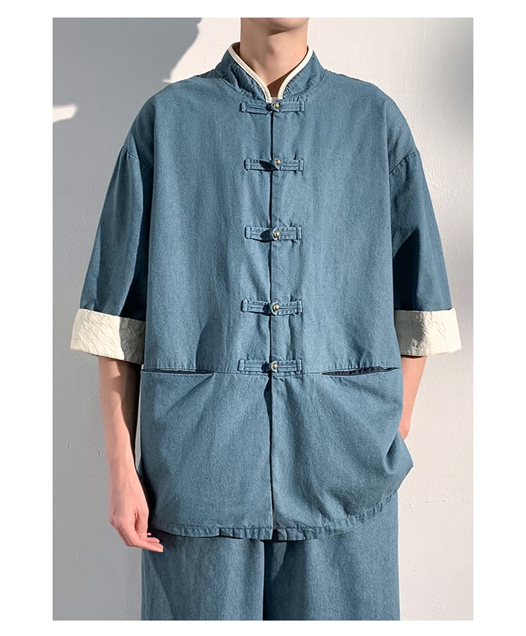 メンズの七分袖デニムシャツ