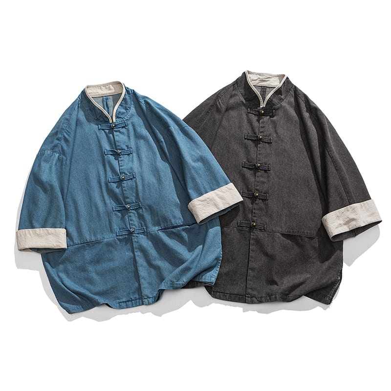 デニム地を使用した七分袖シャツ。柔らかな薄手なので真夏に最適