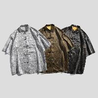 光沢のあるアイスシルク半袖シャツ。涼しく着られる復古風のアイテムです。