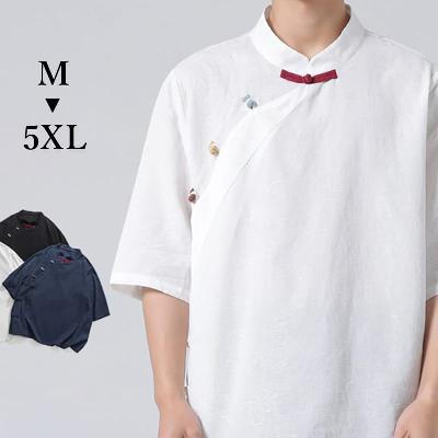 カジュアルな斜め襟シャツ。ジャガード模様の高品質な綿麻を使用