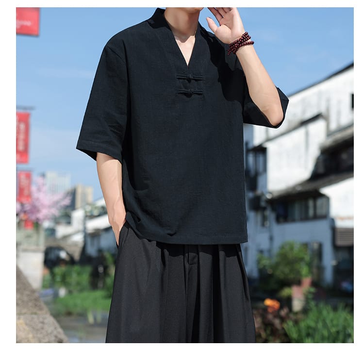 メンズのチャイナ風綿麻Tシャツ
