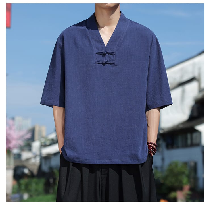 男性用のチャイナ風VネックTシャツ