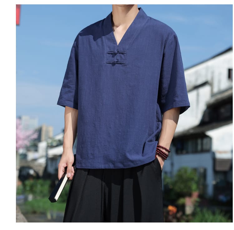 メンズのチャイナ風VネックTシャツ