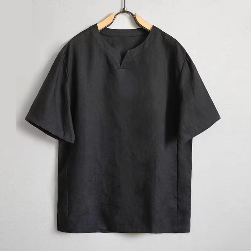 メンズの綿麻チャイナV首Tシャツ