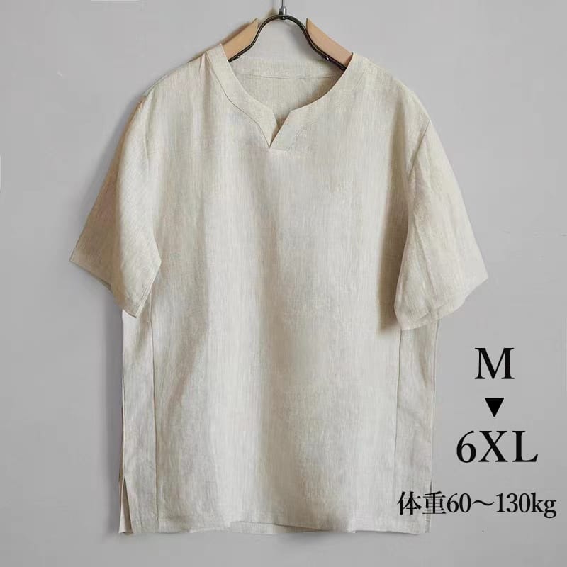 グレードの高い綿麻素材のTシャツ。Vネックのゆったりデザイン