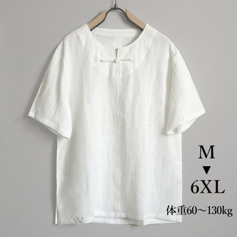 涼しげな質感のTシャツ。チャイナボタンが付いたY字襟が特徴