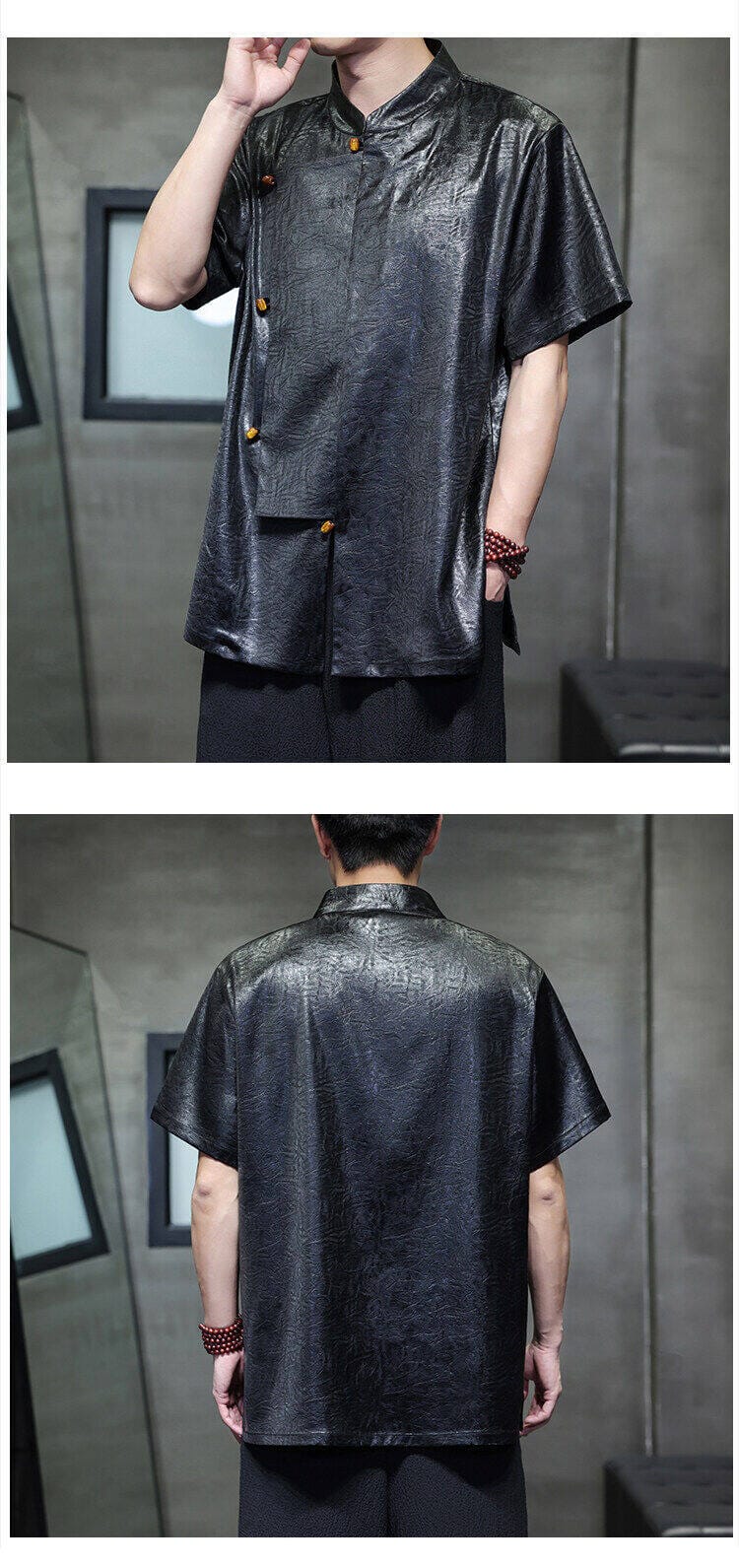 メンズのチャイナ風アイスシルク半袖シャツ