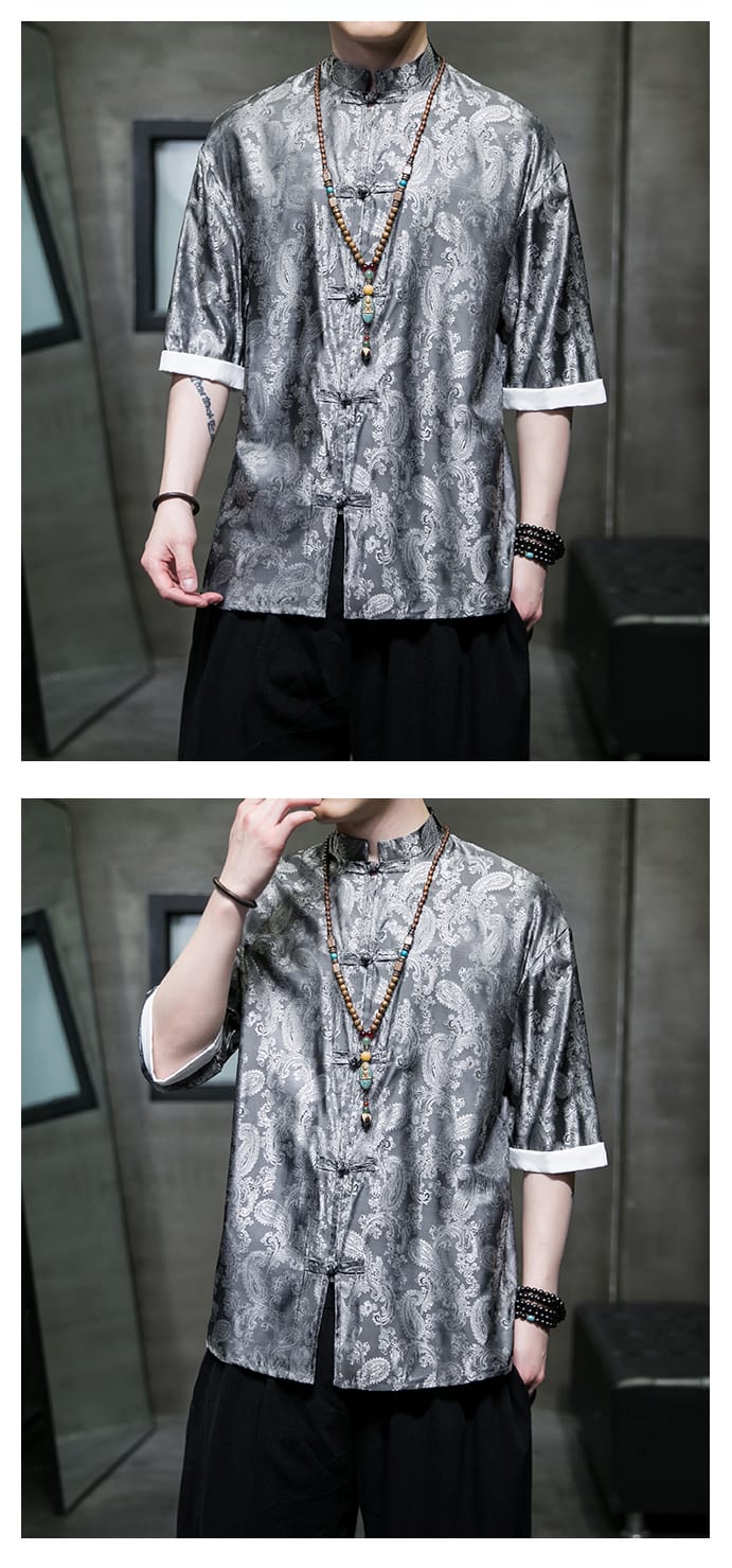 メンズのチャイナ風アイスシルク半袖シャツ