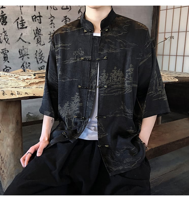 メンズの中国水墨柄アイスシルク半袖シャツ