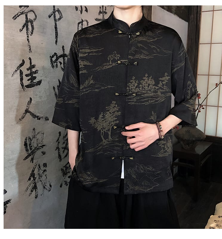 メンズのチャイナ風アイスシルク半袖シャツ