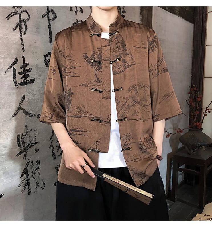 メンズのチャイナ風アイスシルク半袖シャツ