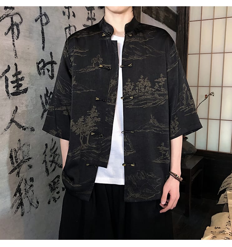 メンズのチャイナ風風景柄半袖シャツ